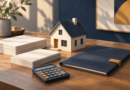 Conceptual illustration of a house model, funding papers, agreement folder and calculator.