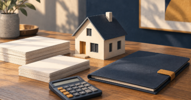 Conceptual illustration of a house model, funding papers, agreement folder and calculator.