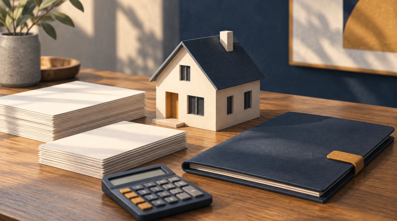 Conceptual illustration of a house model, funding papers, agreement folder and calculator.