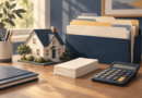 Conceptual illustration of a house model beside organized homeowner records and a calculator.