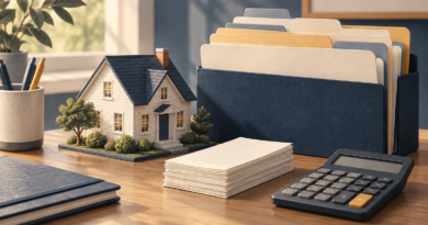 Conceptual illustration of a house model beside organized homeowner records and a calculator.