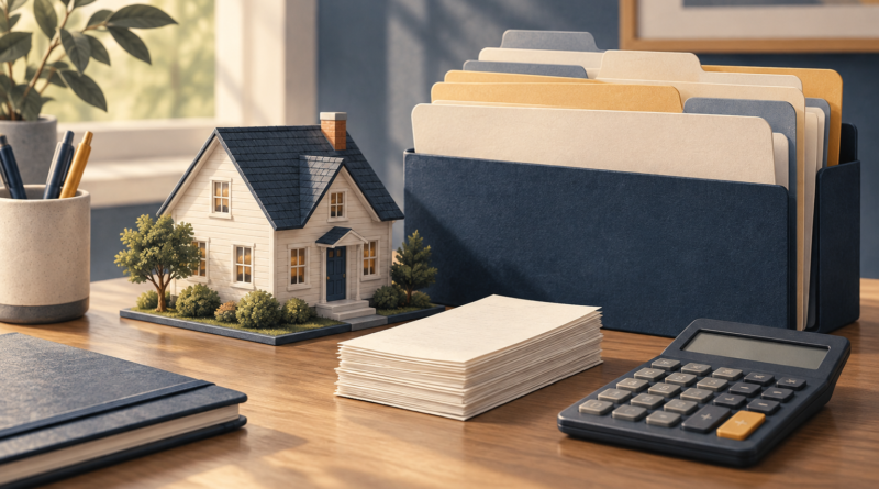 Conceptual illustration of a house model beside organized homeowner records and a calculator.