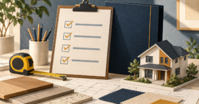Illustrated contractor-verification checklist beside a house model and renovation materials.