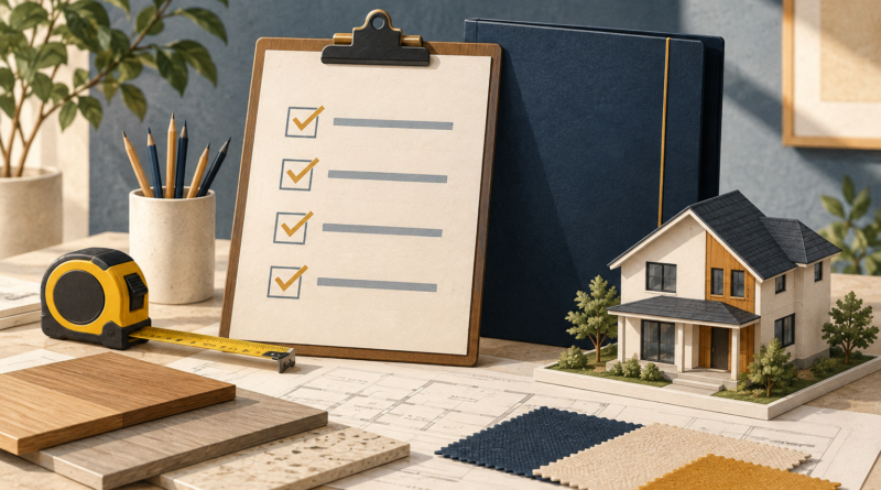 Illustrated contractor-verification checklist beside a house model and renovation materials.