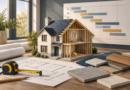 Illustrated renovation project with a model house, work schedule, plans and material samples.