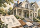 Architectural illustration of a fictional historic home with feature sketches and material samples.