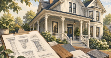 Architectural illustration of a fictional historic home with feature sketches and material samples.