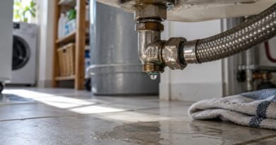 Illustrative close-up of a dripping plumbing connection and damp tile floor in a household utility room.