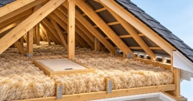 Conceptual 3D attic cutaway showing timber framing, floor insulation, access hatch and an eave ventilation space.