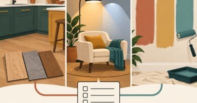 2D editorial illustration comparing flooring samples, reading-light color and paint swatches across three room settings.