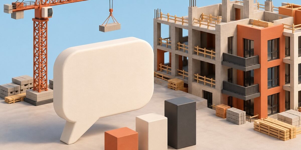 Conceptual clay-style 3D construction scene with a crane, unfinished residential block and survey speech bubble.