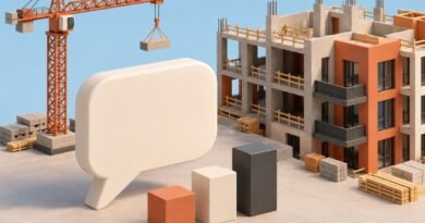 Conceptual clay-style 3D construction scene with a crane, unfinished residential block and survey speech bubble.