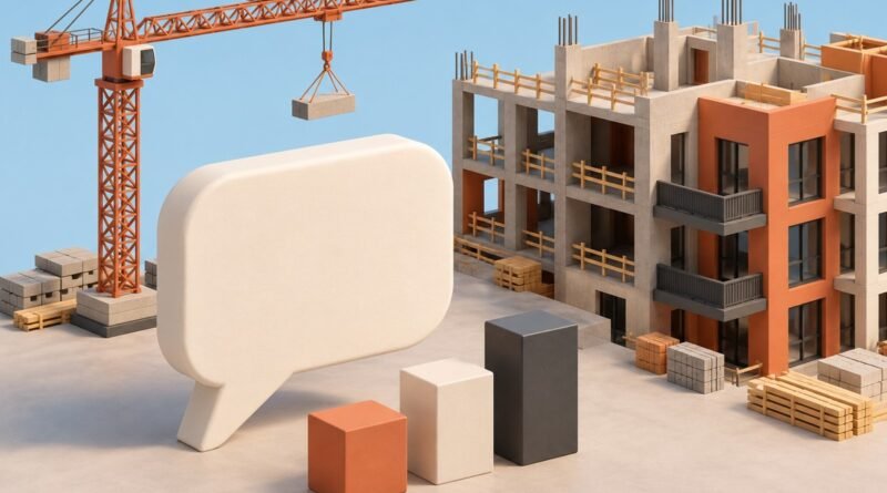 Conceptual clay-style 3D construction scene with a crane, unfinished residential block and survey speech bubble.