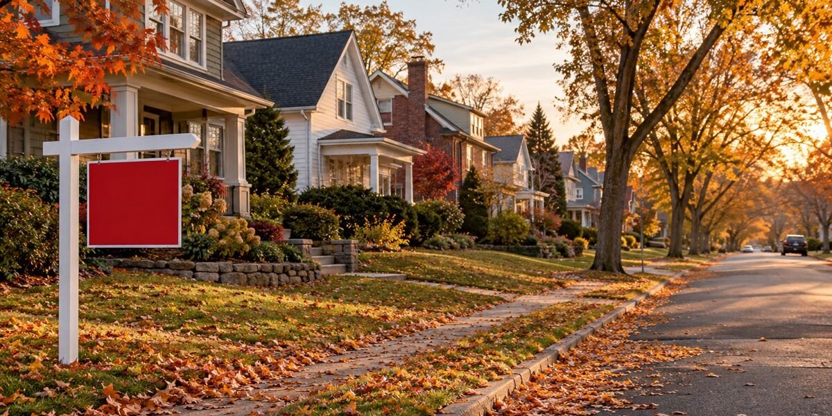 Illustrative autumn residential street with a blank for-sale sign and varied detached homes.