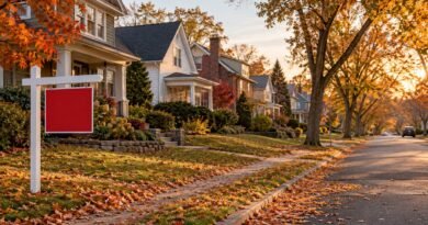 Illustrative autumn residential street with a blank for-sale sign and varied detached homes.