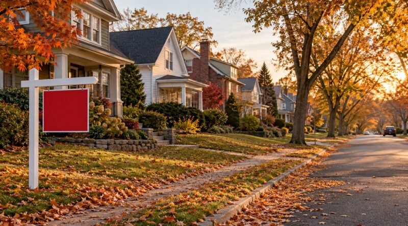 Illustrative autumn residential street with a blank for-sale sign and varied detached homes.
