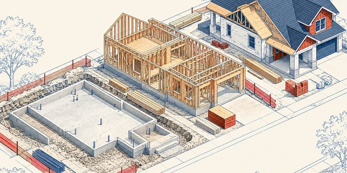 Architectural axonometric illustration showing foundation, framing and roof stages of residential construction.