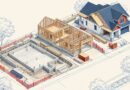 Architectural axonometric illustration showing foundation, framing and roof stages of residential construction.