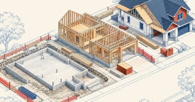 Architectural axonometric illustration showing foundation, framing and roof stages of residential construction.