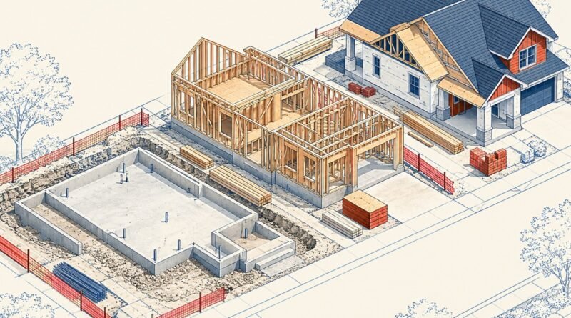 Architectural axonometric illustration showing foundation, framing and roof stages of residential construction.