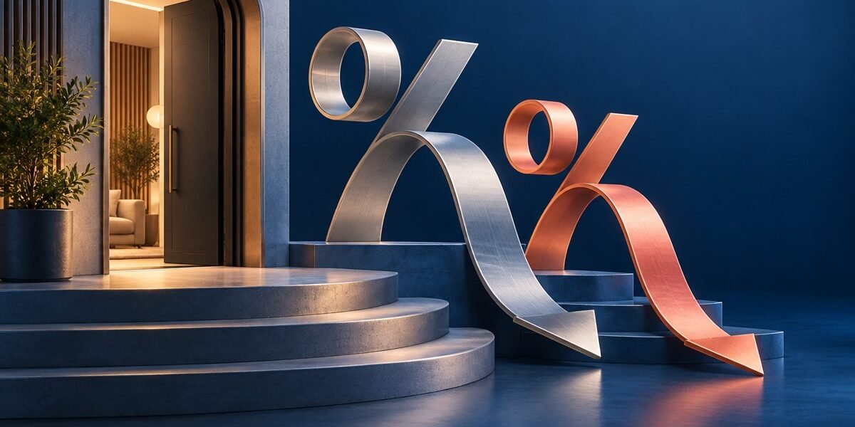 Conceptual 3D illustration of sculptural percentage ribbons beside an abstract doorway.