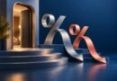 Conceptual 3D illustration of sculptural percentage ribbons beside an abstract doorway.