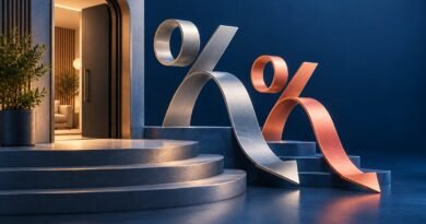 Conceptual 3D illustration of sculptural percentage ribbons beside an abstract doorway.