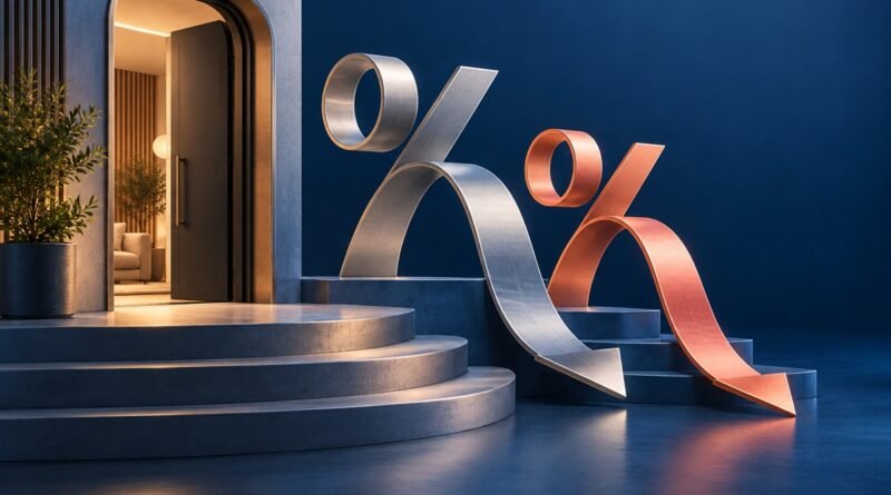 Conceptual 3D illustration of sculptural percentage ribbons beside an abstract doorway.
