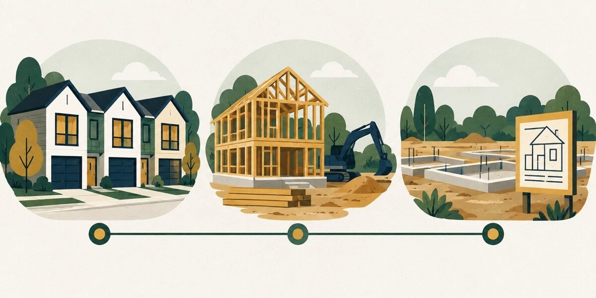 Flat 2D editorial infographic distinguishing finished townhomes, construction and planned residential lots.