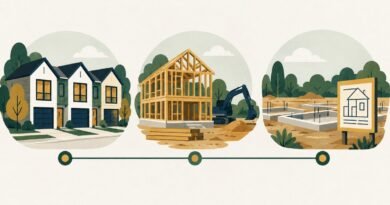Flat 2D editorial infographic distinguishing finished townhomes, construction and planned residential lots.