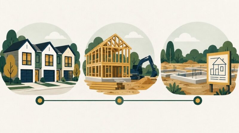 Flat 2D editorial infographic distinguishing finished townhomes, construction and planned residential lots.