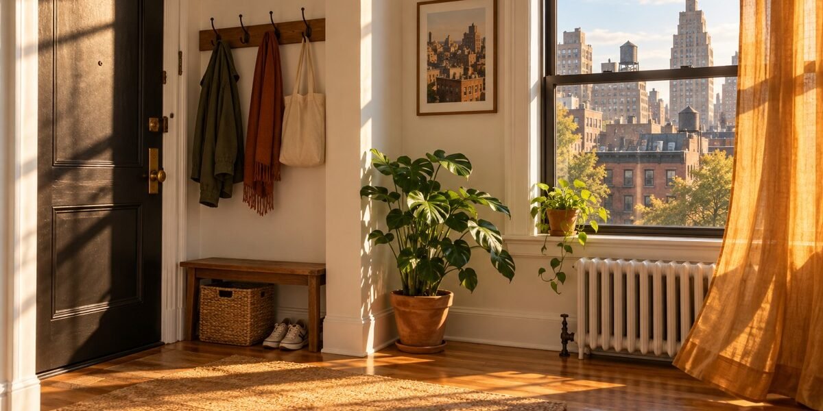 Illustrative sunlit rental apartment entry with radiator, wood flooring and city rooftops beyond a window.