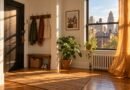 Illustrative sunlit rental apartment entry with radiator, wood flooring and city rooftops beyond a window.