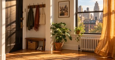 Illustrative sunlit rental apartment entry with radiator, wood flooring and city rooftops beyond a window.