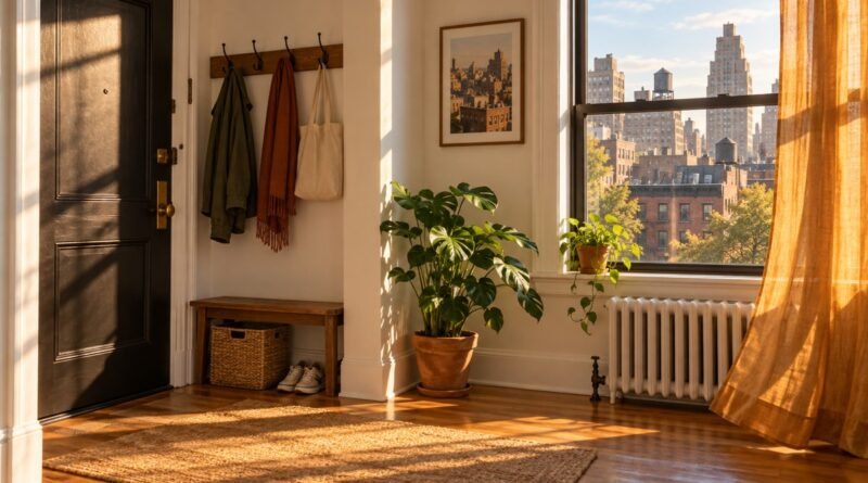 Illustrative sunlit rental apartment entry with radiator, wood flooring and city rooftops beyond a window.