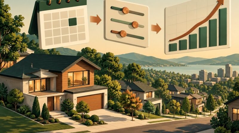 Architectural editorial illustration: Reading Mortgage-Demand Reports: Check the Week, Adjustment and Measure.