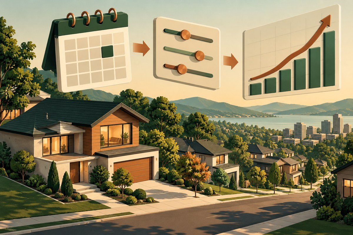 Architectural editorial illustration: Reading Mortgage-Demand Reports: Check the Week, Adjustment and Measure.