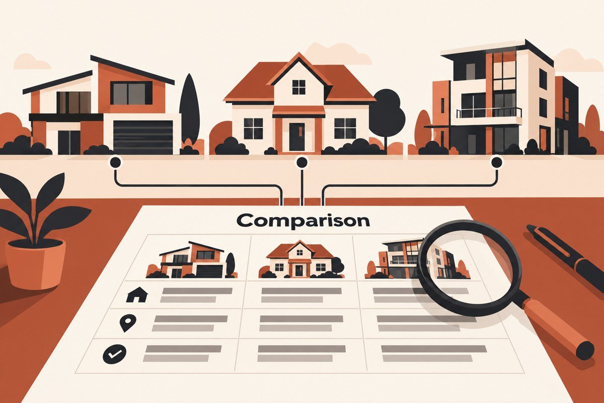2D educational infographic: Assess Buyer Leverage With a Property Comparison Sheet.