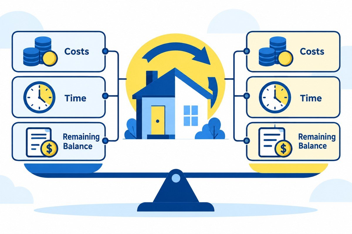 2D educational infographic: Mortgage Refinancing: Compare Costs, Time and the Remaining Balance.